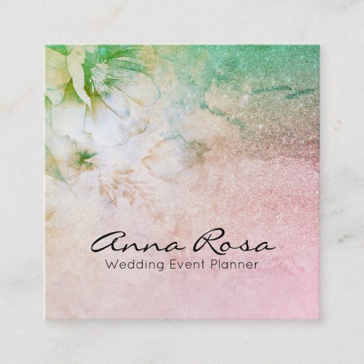 *~* Glitter Celestial Floral Waterverf Turquoise Vierkante Visitekaartje (Voorkant)