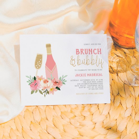 Glitter Champagne Brunch & Bubble Vrijgezellenfees Uitnodiging Briefkaart
