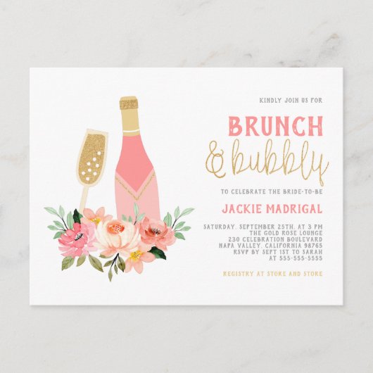 Glitter Champagne Brunch & Bubble Vrijgezellenfees Uitnodiging Briefkaart (Voorkant)