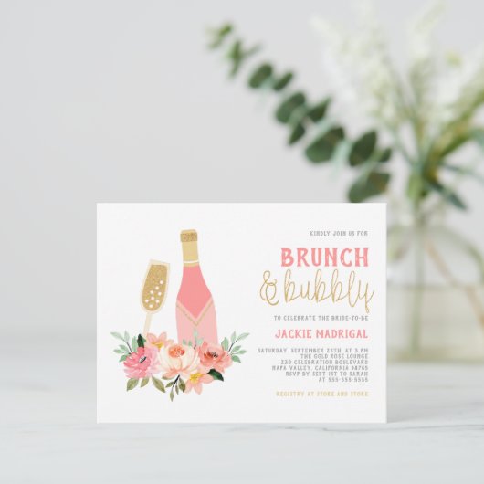 Glitter Champagne Brunch & Bubble Vrijgezellenfees Uitnodiging Briefkaart (Staand voorkant)