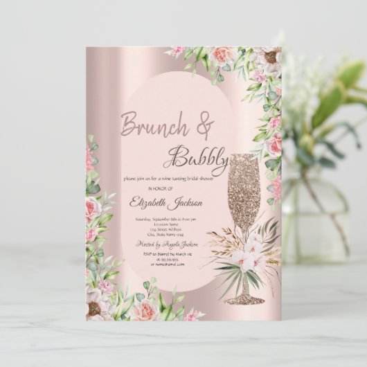 Glitter Champagne Glas Rozen, Roos Gold Kaart (Staand voorkant)