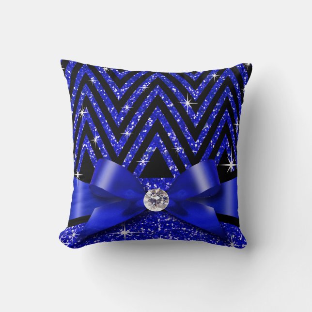 Glitter Chevron Bling Diamant Boog | saffier Kussen (Voorkant)