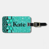 Glitter Chevron Bling Diamond Bow | blauwgroen Bagagelabel (Voorkant horizontaal)