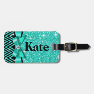 Glitter Chevron Bling Diamond Bow   blauwgroen Bagagelabel