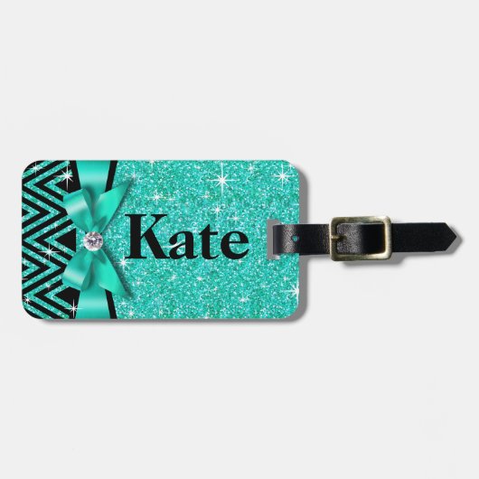 Glitter Chevron Bling Diamond Bow | blauwgroen Bagagelabel (Voorkant horizontaal)