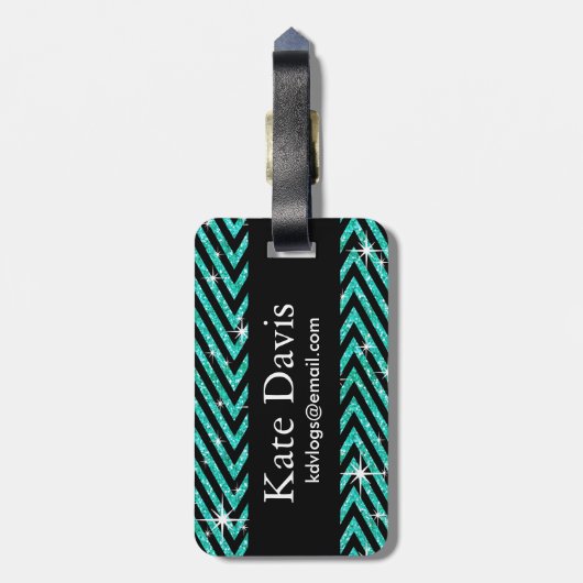 Glitter Chevron Bling Diamond Bow | blauwgroen Bagagelabel (Achterkant verticaal)