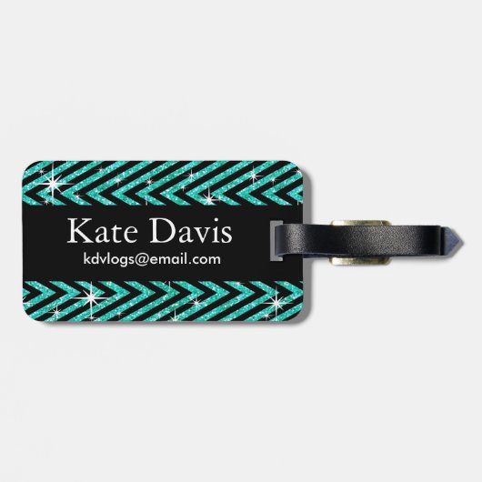Glitter Chevron Bling Diamond Bow | blauwgroen Bagagelabel (Achterkant horizontaal)