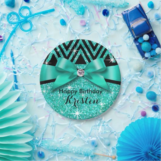 Glitter Chevron Bling Diamond Bow | blauwgroen Papieren Bordje (Feest)