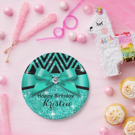 Glitter Chevron Bling Diamond Bow | blauwgroen Papieren Bordje (Feest)
