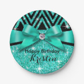 Glitter Chevron Bling Diamond Bow | blauwgroen Papieren Bordje (Voorkant)