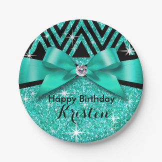 Glitter Chevron Bling Diamond Bow | blauwgroen Papieren Bordje