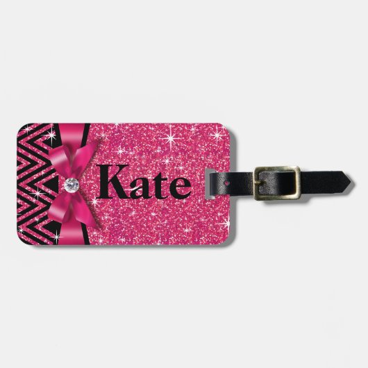 Glitter Chevron Bling Diamond Bow | fuchsia Bagagelabel (Voorkant horizontaal)