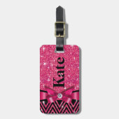 Glitter Chevron Bling Diamond Bow | fuchsia Bagagelabel (Voorkant verticaal)