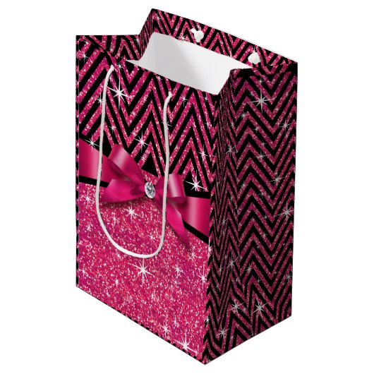 Glitter Chevron Bling Diamond Bow | fuchsia Medium Cadeauzakje (Voorkant Gekanteld)