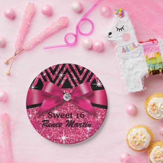Glitter Chevron Bling Diamond Bow | fuchsia Papieren Bordje (Feest)
