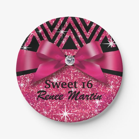 Glitter Chevron Bling Diamond Bow | fuchsia Papieren Bordje (Voorkant)