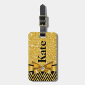 Glitter Chevron Bling Diamond Bow | goud Bagagelabel (Voorkant verticaal)