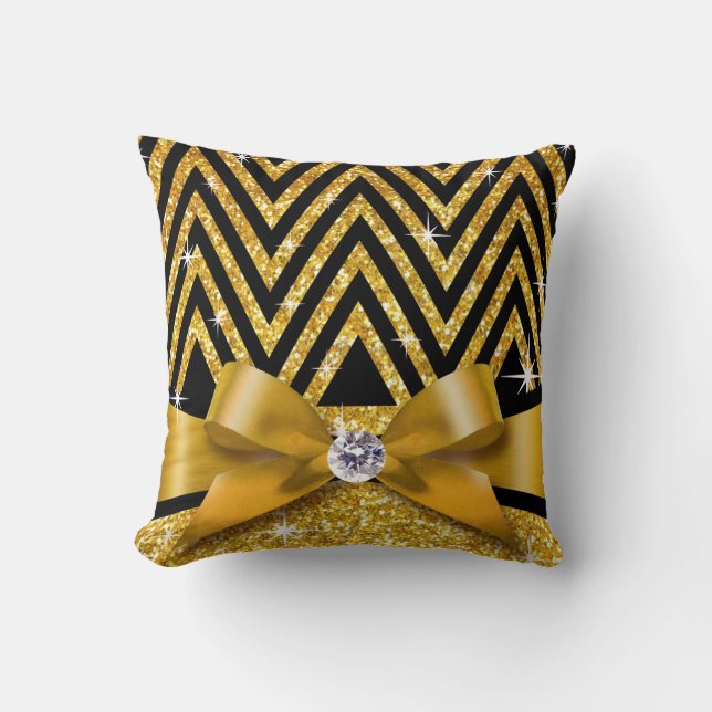 Glitter Chevron Bling Diamond Bow | goud Kussen (Voorkant)