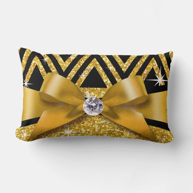 Glitter Chevron Bling Diamond Bow | goud Kussen (Voorkant)