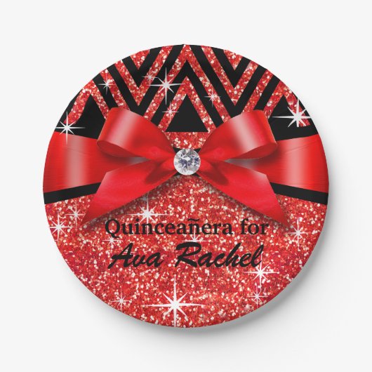 Glitter Chevron Bling Diamond Bow | rood Papieren Bordje (Voorkant)