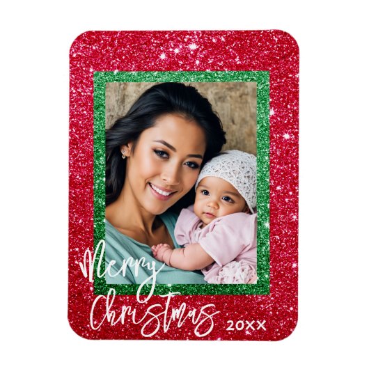 Glitter Christmas Kaart - Gepersonaliseerde foto L Magneet (Verticaal)