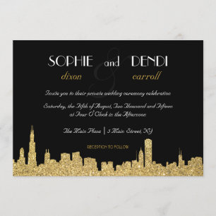 Glitter City Skyline Wedding Invitation Kaart
