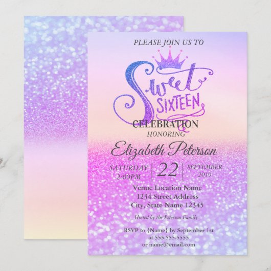Glitter Colorful Bokeh Ombre, Tiara Sweet 16 Party Kaart (Voorkant / Achterkant)