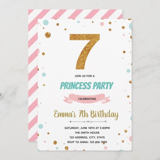 Glitter confetti 7e verjaardag uitnodiging (Voorkant / Achterkant)