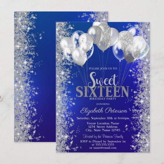 Glitter Confetti ballonnen Navy Blue Sweet 16 Kaart (Voorkant / Achterkant)
