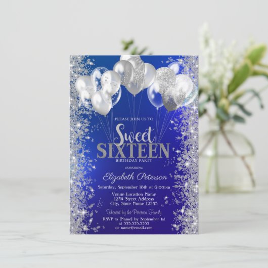 Glitter Confetti ballonnen Navy Blue Sweet 16 Kaart (Staand voorkant)