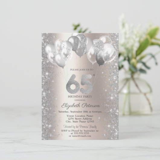 Glitter Confetti Balloons Champagne 65e Verjaardag Kaart (Staand voorkant)