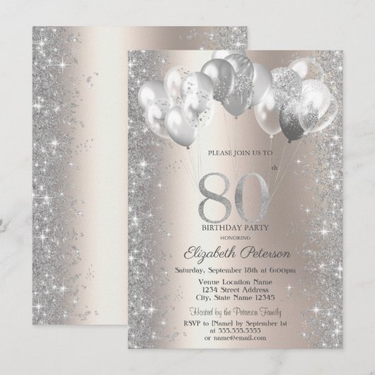 Glitter Confetti Balloons Champagne 80e Verjaardag Kaart (Voorkant / Achterkant)