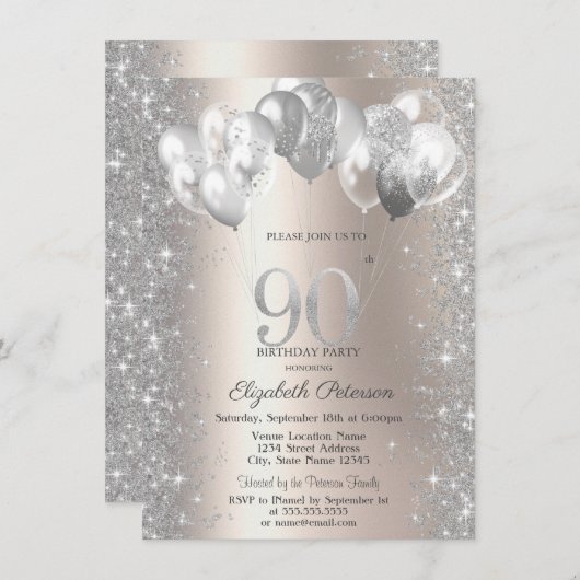 Glitter Confetti Balloons Champagne 90ste Verjaard Kaart (Voorkant / Achterkant)