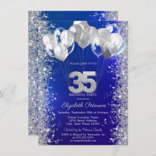 Glitter Confetti Balloons Navy Blue 35e Verjaardag Kaart (Voorkant / Achterkant)