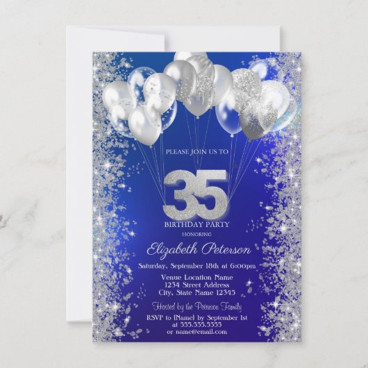 Glitter Confetti Balloons Navy Blue 35e Verjaardag Kaart (Voorkant)