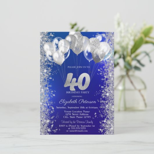 Glitter Confetti Balloons Navy Blue 40e Verjaardag Kaart (Staand voorkant)