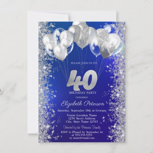Glitter Confetti Balloons Navy Blue 40e Verjaardag Kaart (Voorkant)