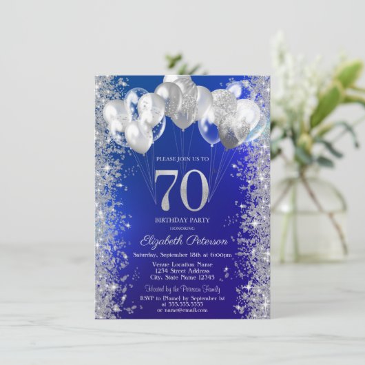 Glitter Confetti Balloons Navy Blue 70e Verjaardag Kaart (Staand voorkant)