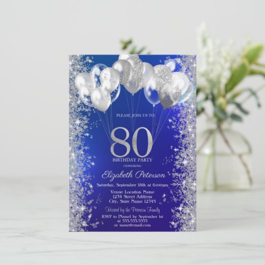 Glitter Confetti Balloons Navy Blue 80e Verjaardag Kaart (Staand voorkant)