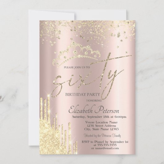 Glitter Confetti Crown Roos Goud 60e Verjaardag Kaart (Voorkant)