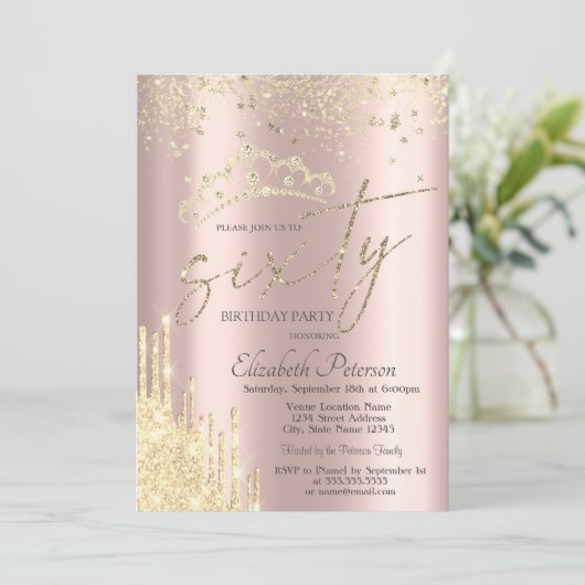 Glitter Confetti Crown Roos Goud 60e Verjaardag Kaart (Staand voorkant)