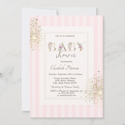 Glitter Confetti Dust Roze Gestreept Baby shower Kaart (Voorkant)