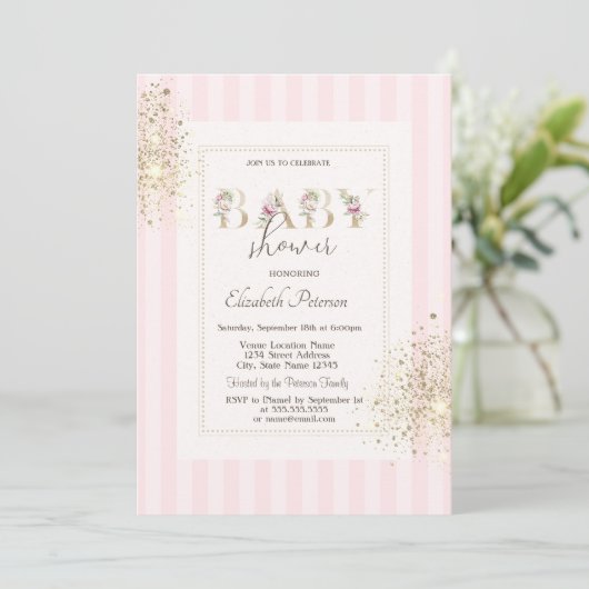 Glitter Confetti Dust Roze Gestreept Baby shower Kaart (Staand voorkant)