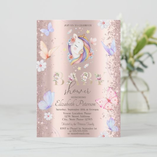 Glitter Confetti Eenhoorn Vlinders Baby shower Kaart (Staand voorkant)