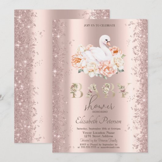 Glitter Confetti Floral Swan Baby shower Kaart (Voorkant / Achterkant)