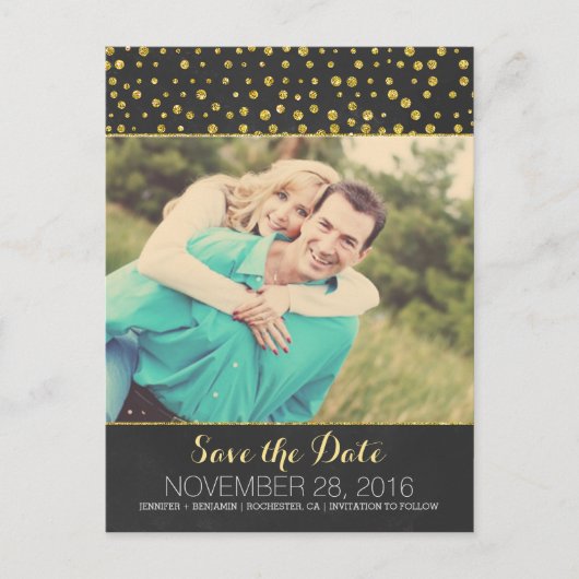 Glitter confetti krijtbord foto Sla de datum op Aankondigingskaart (Voorkant)