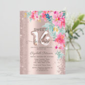 Glitter Confetti Lente Bloemen Roos Goud Sweet 16 Kaart (Staand voorkant)