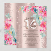 Glitter Confetti Lente Bloemen Roos Goud Sweet 16 Kaart (Voorkant / Achterkant)