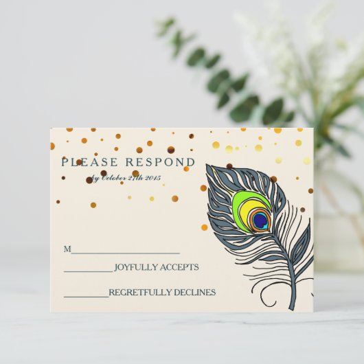 Glitter Confetti Peacock Feather Blue RSVP (Staand voorkant)