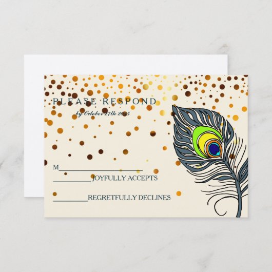 Glitter Confetti Peacock Feather Blue RSVP (Voorkant / Achterkant)